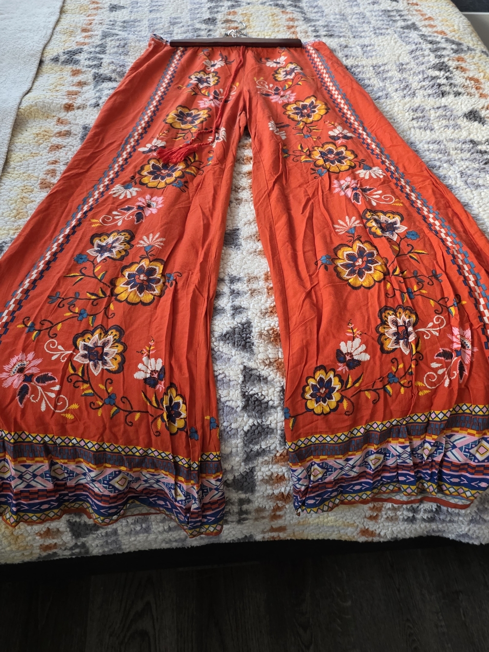 Flying Tomato Red Floral Wide-Leg Pants with Embroidered Detail